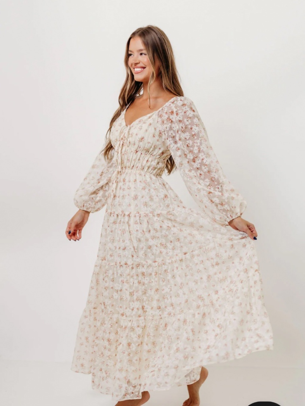 Floral Ivory Maxi Dress with Long Puff Sleeves